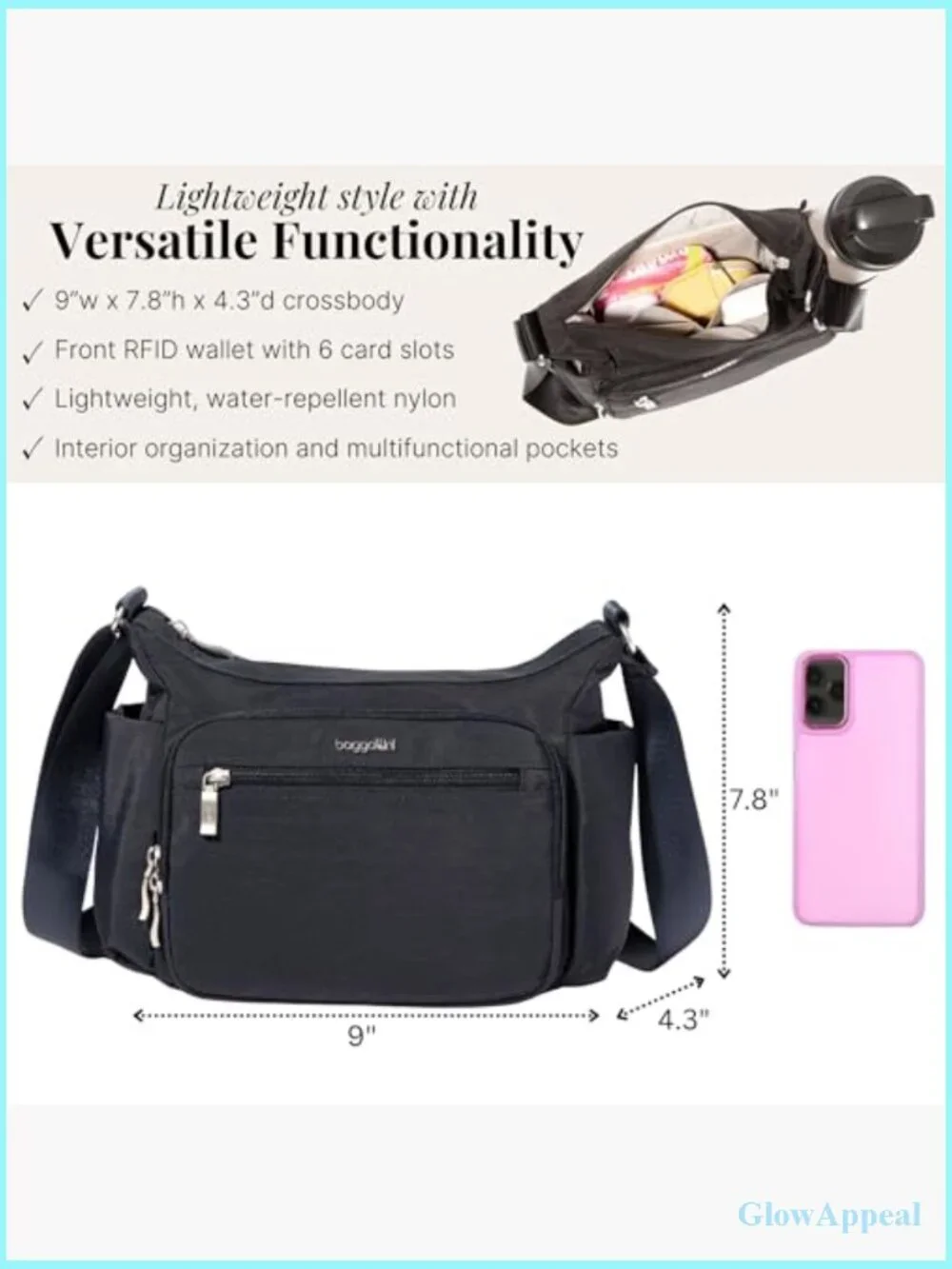 Nylon Hobo Crossbody Bag RFID Protection Adjustable Strap Lightweight